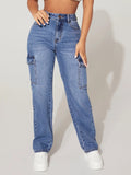 European and american style women's washed high-waisted cargo jeans - american multi-pocket straight-leg denim pants