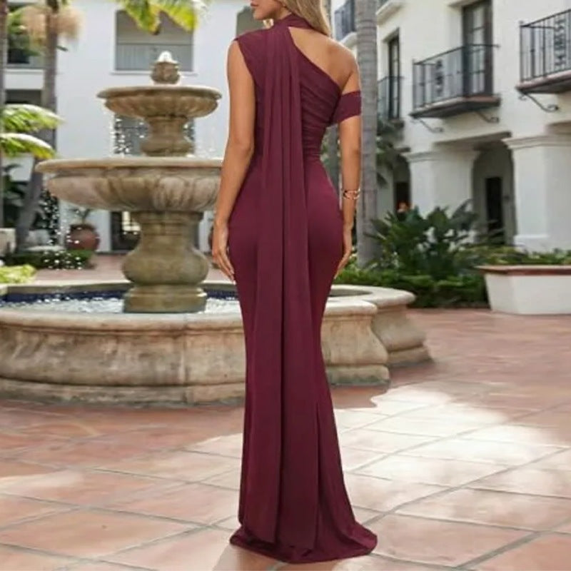 european and american export women's summer new arrival: elegant one-shoulder bodycon maxi dress with ribbon detail and pencil skirt