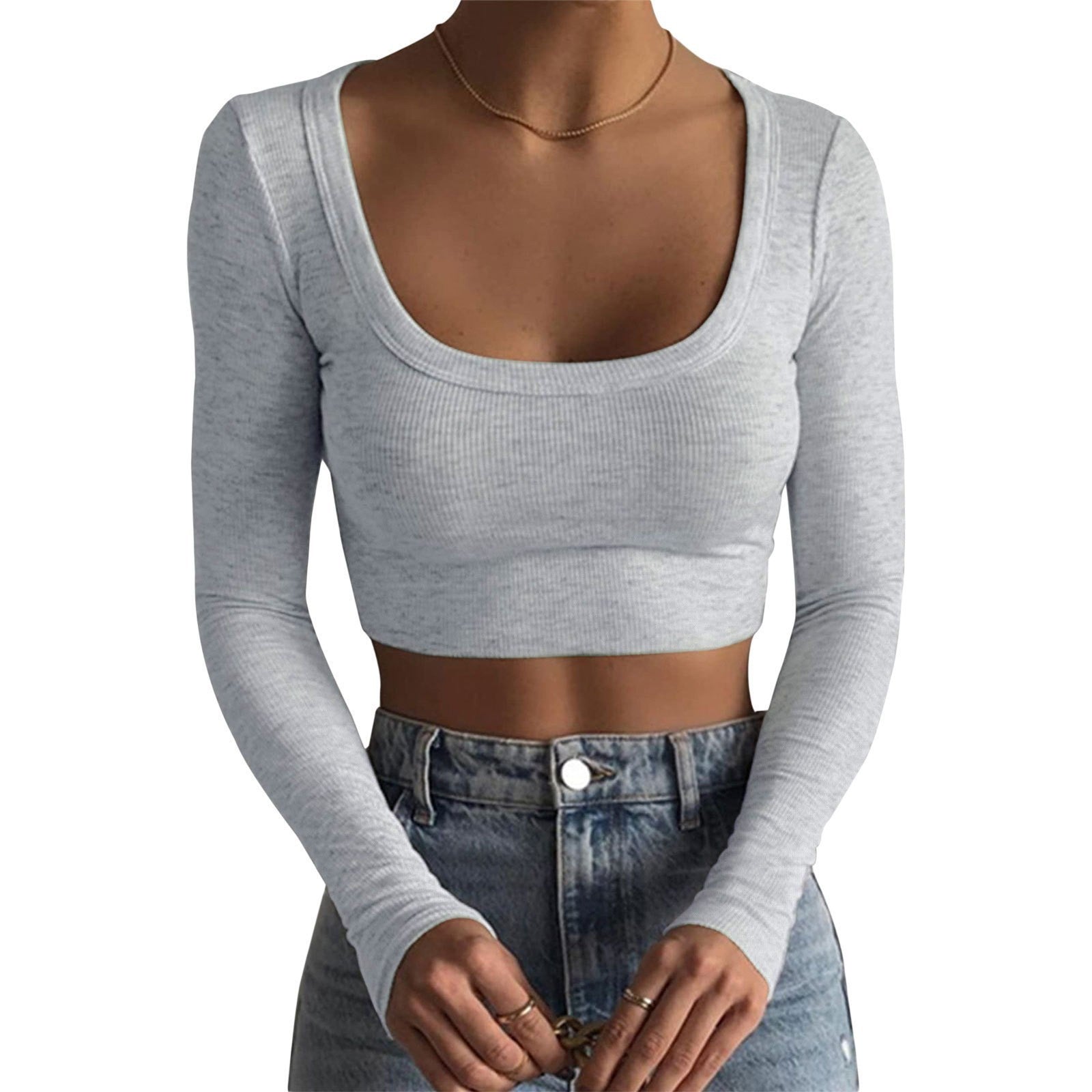 2024 new product  Europe and America, large round neck long sleeve threaded pure cotton ultra-short slim and thin T-shirt with exposed navel base.