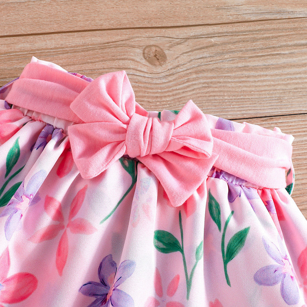 european and american cross-border girls' one-shoulder camisole three-piece set: floral cake dress + matching floral sun hat