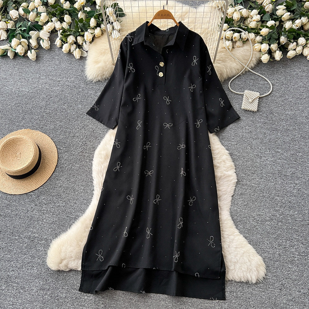 Light mature french style red printingdress women's summer diamond bows short-sleeved lapel slimming lookelegantwork clothing skirt