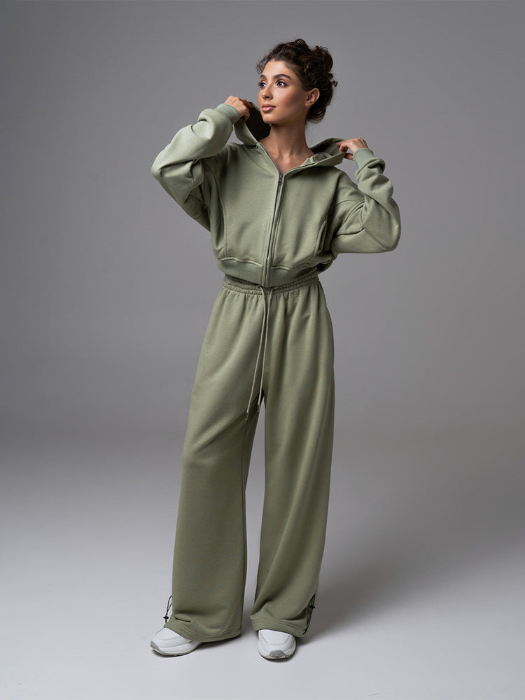 Cross-border European and American women's clothing fashion hooded sweater cardigan drawstring trousers set casual sweatshirt lace-up trousers