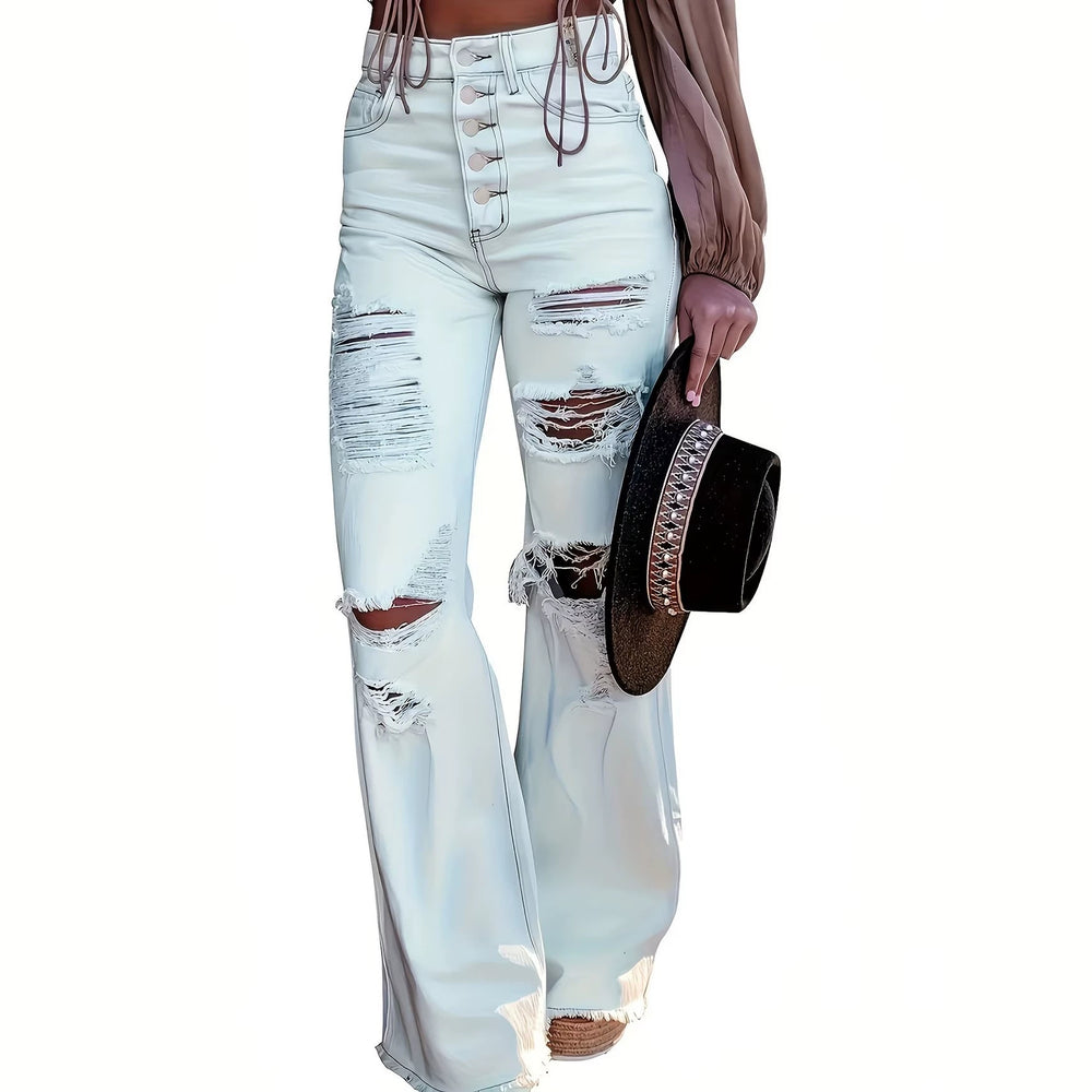 Fashion style white big hole micro-flared jeans women's high waist buttoned elastic slimming look hot girl high street style horn