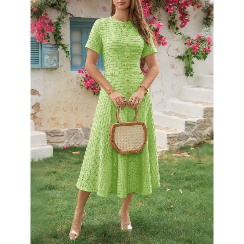 Amazon sweet & spicy  summer casual short-sleeve crew neck versatile button-up textured slim-fit midi dress