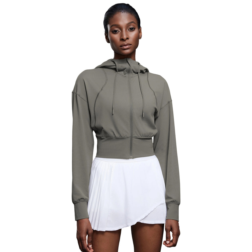 Hooded sports outwear women's spring & fallshort waist cardigan long sleeve tops yoga fitness wear jacket d25147