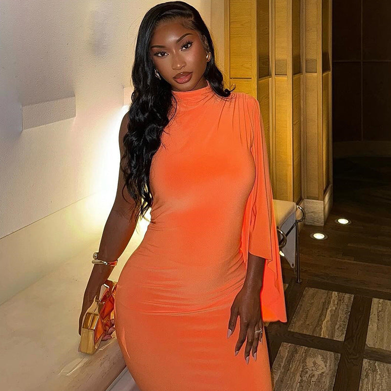 European and American style ins  women's clothing solid color dress single sleeve round neck pullover temperament casual skirt trendy dress