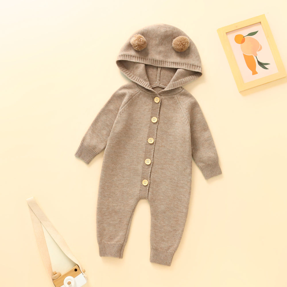 Korean style baby romper - autumn cute pom-pom bear knit hooded bodysuit (036)