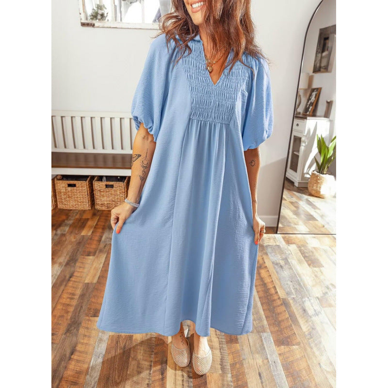 Amazon fashioncasualv neckpuff sleevedresssummernew arrivala line waist slimming look skirt