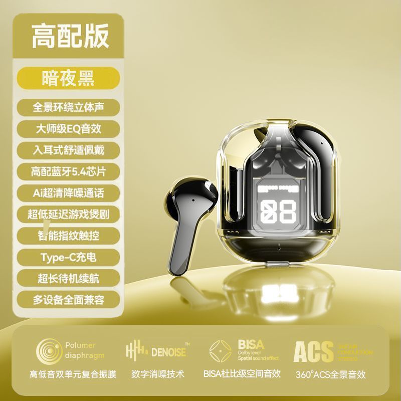 New wireless transparent bluetooth earbuds: digital display, stylish design, in-ear fit, long battery life, sports noise cancellation, vivid voice control