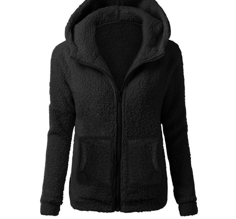 women's fashion solid color hoodie - loose fit plush zip-up jacket top