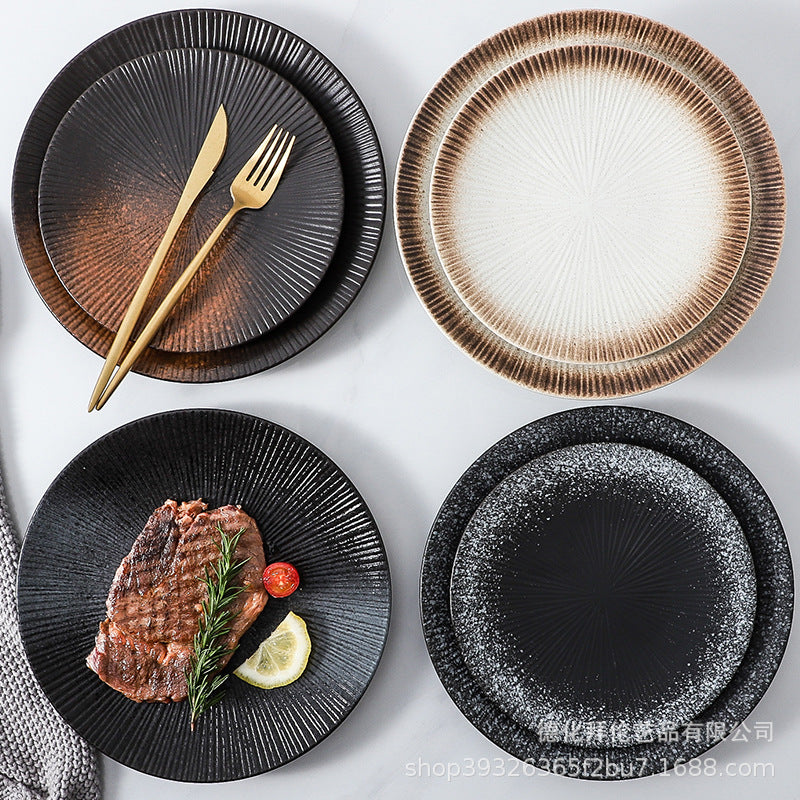 Japanese ceramic striped plate - creative steak plate, pasta plate, retro sushi plate - restaurant commercial serving plate - wholesale