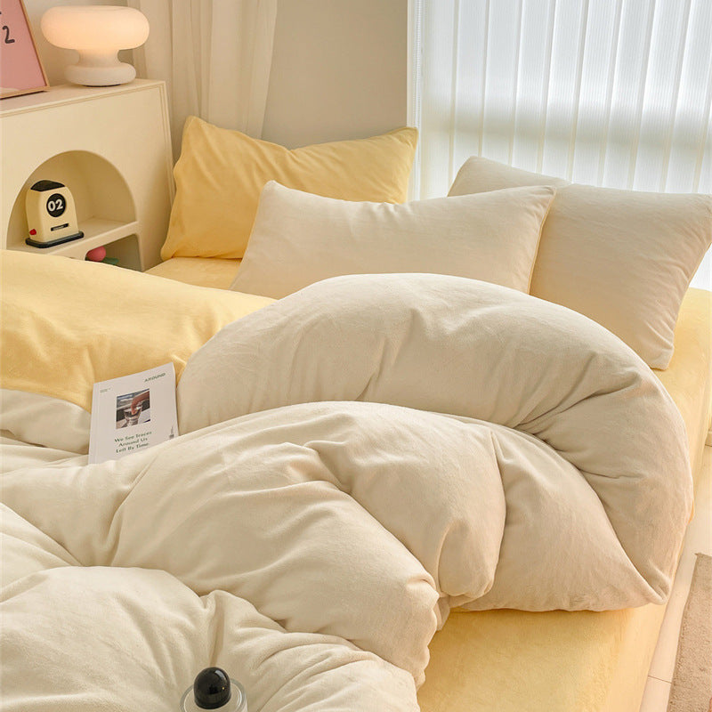 Solid color milk fleece four-piece set, winter thickened coral fleece bed sheet quilt cover, Nantong flannel bed three-piece set