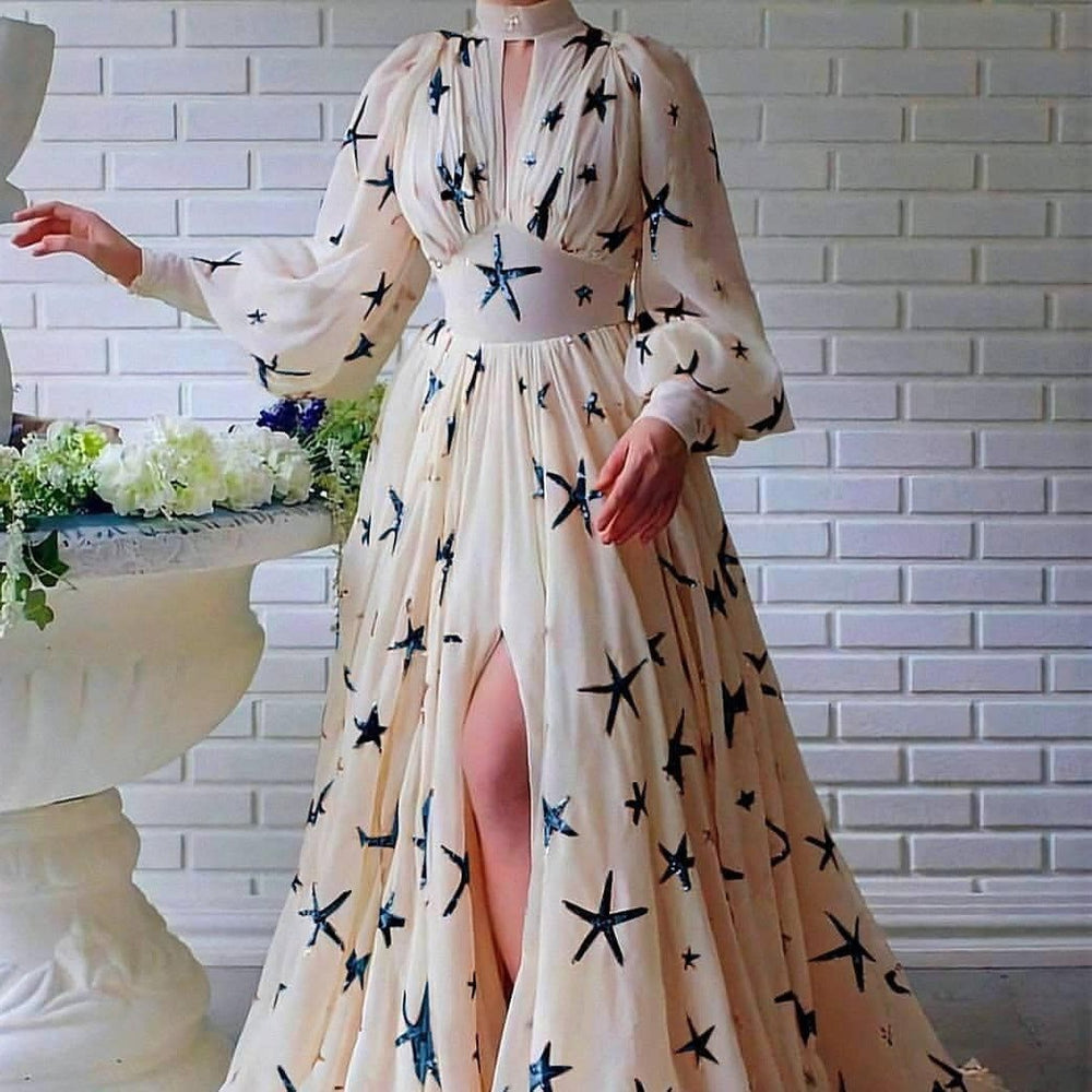 2025 new arrival: multi-color, ready-to-ship, semi-high neck, sequin-embellished, slit, lantern sleeve, maxi chiffon dress