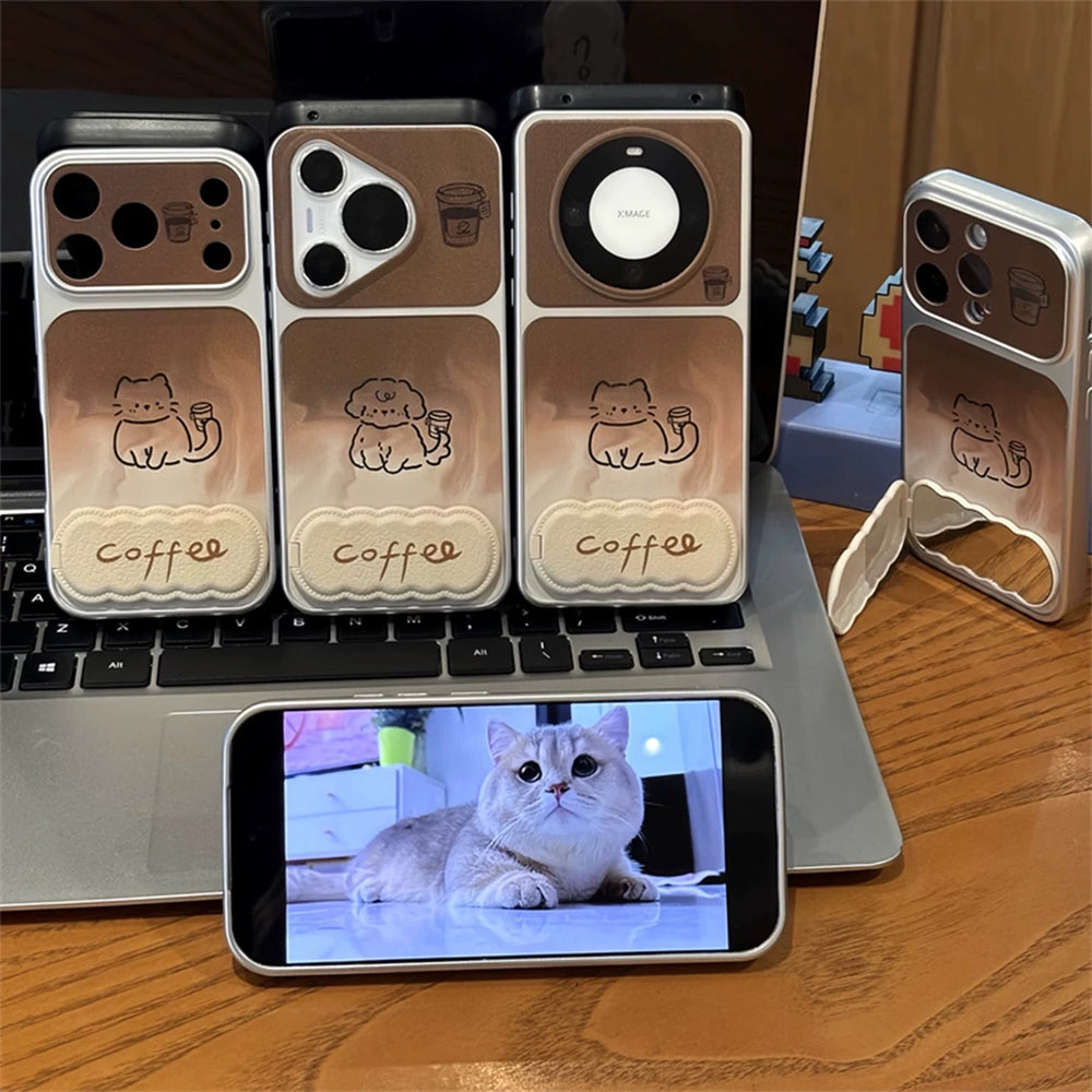Suitable for iphone18/16 gradient brown bottom mobile phone case apple 17promax coffee cat and dog line protective cover