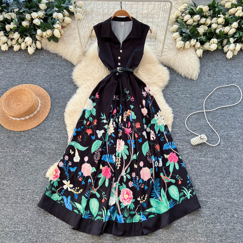 Korean style chic & edgy sleeveless a-line dress - women's new summer high-waisted tie-waist maxi dress - slimming