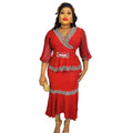 V-neck, waist-cinching, mid-sleeve top and midi skirt set with hot-fix rhinestones and bead embellishments – trendy african women's clothing, cross-border wholesale, special price