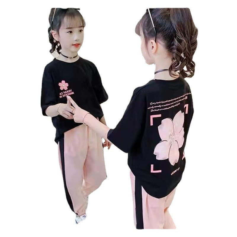 Girls' summer outfit set  new style kids' summer clothes chic short sleeve girls' fashionable sporty summer two-piece set