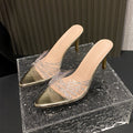 Transparent rhinestone stiletto sandals - 2025 new arrival, plus size, european & american style, spring/summer new collection, solid color pointed toe high heel slippers for women