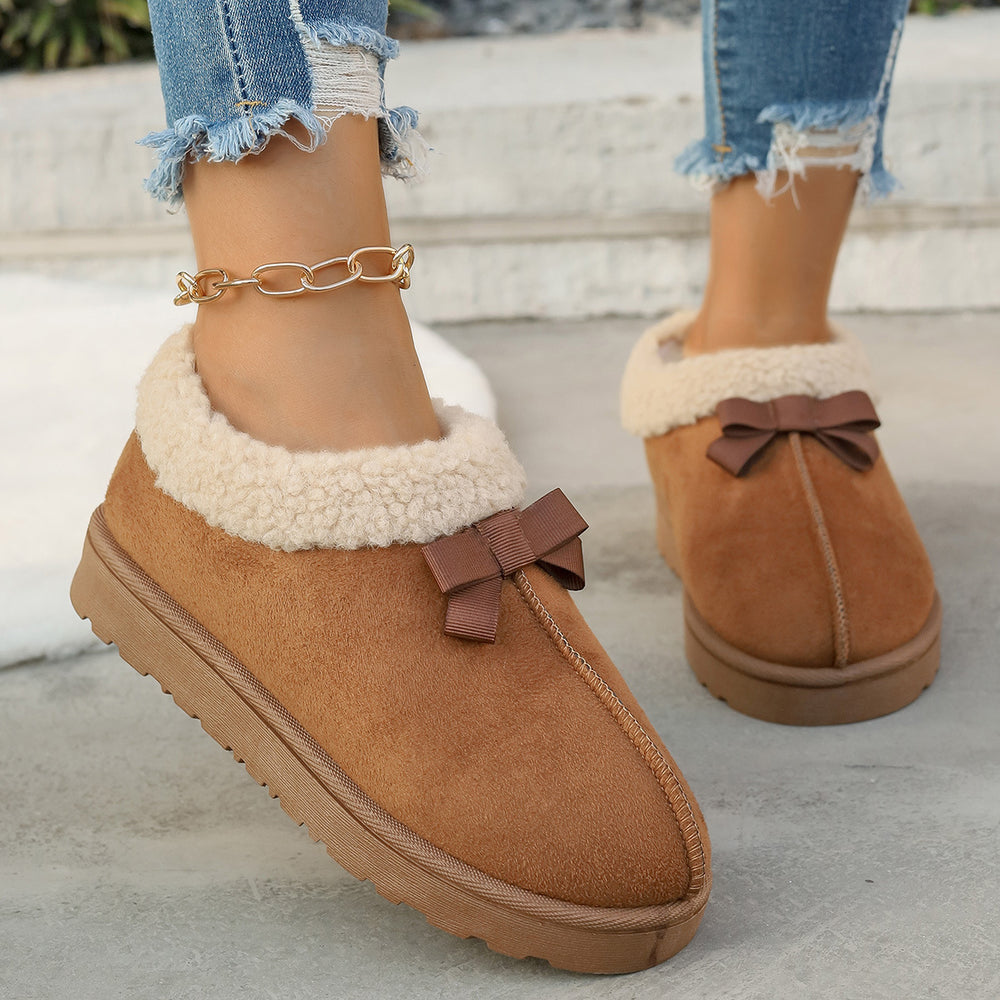 Winter fleece-lined snow boots with bow detail - anti-slip, warm, plus size, export quality, northeast china cotton shoes