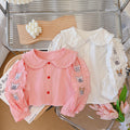 spring/autumn new collection: pure cotton embroidered girls' blouse - long sleeve baby doll collar shirt with turn-down collar