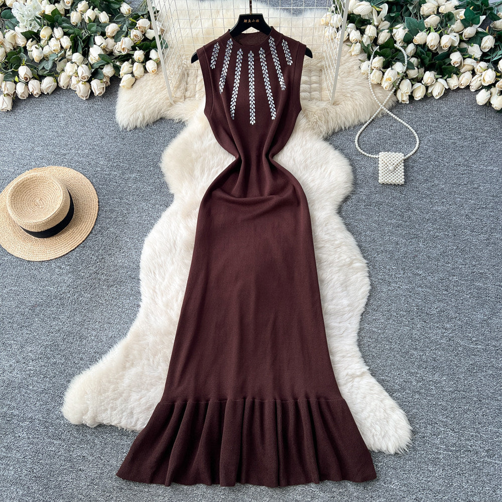 Luxury sleeveless halter neck diamond-embellished knit dress - women's summer high-waisted fitted mermaid dress - commute-friendly designer maxi dress