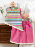 european and american style cross-border children's clothing: girls' lace trimmed striped top + washed denim skirt set (big kids)