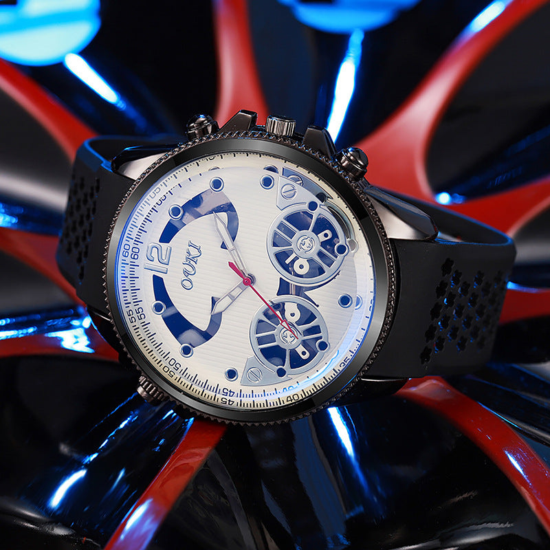 New hollow-out blue light watch, large dial men's quartz watch, trendy student men's wristwatch, cross-border watch