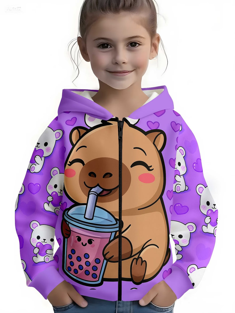 Kids' hoodie jacket, cross-border hot seller: cute cartoon print fashion zip-up hoodie for girls, dropshipping available