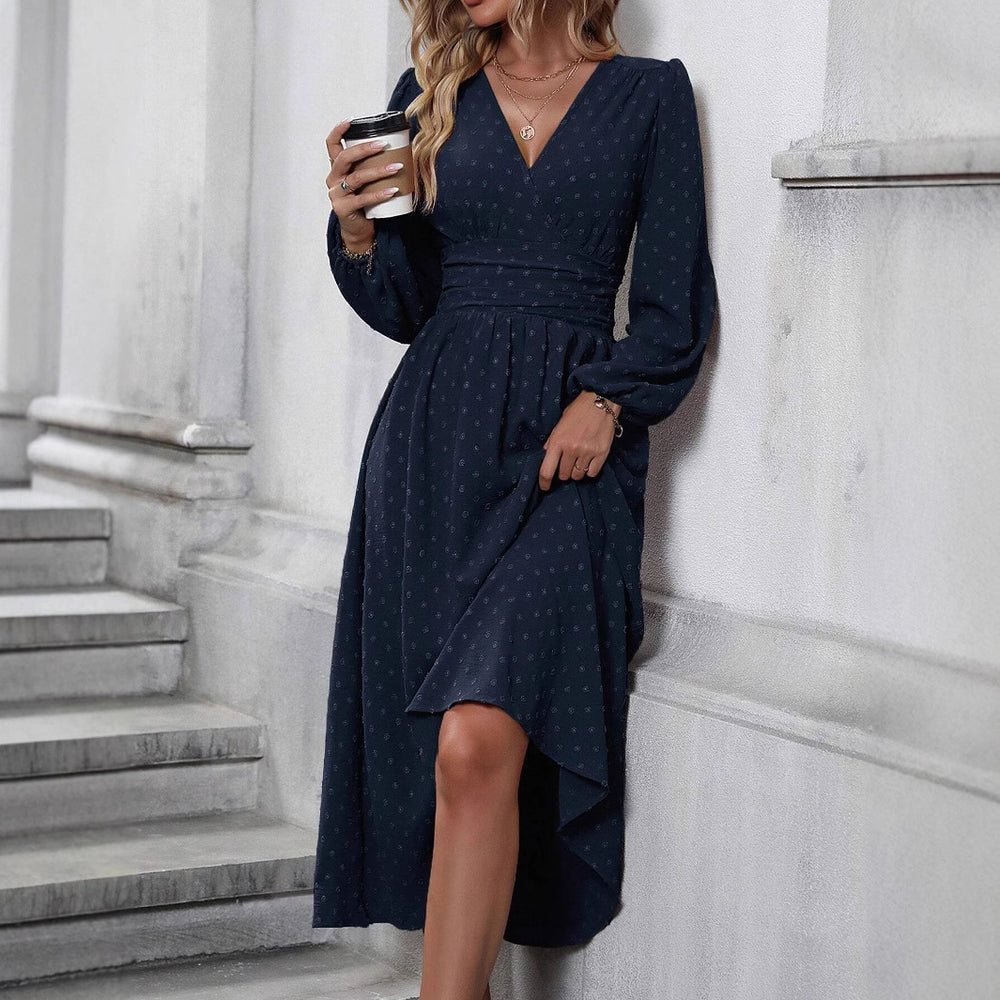 Fall and winternew arrival medium wool ball oblique collar lantern sleeve pleated waist dress