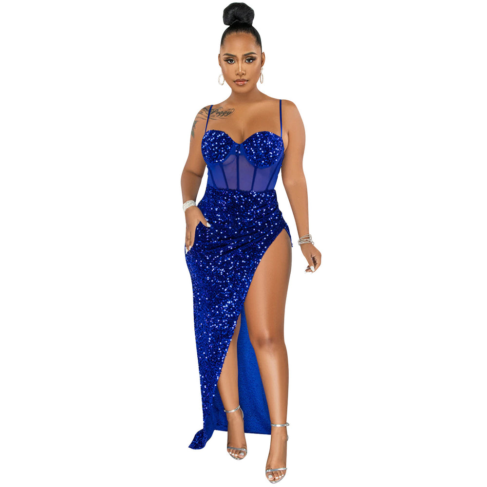 X5843   fashion fashion sling beads mesh see-through irregular slit dress for women