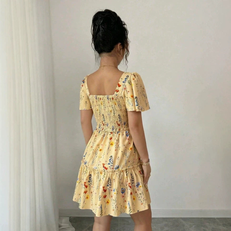 new european and american style women's floral print ruched sleeveless v-neck cinched waist backless maxi dress - perfect for vacation