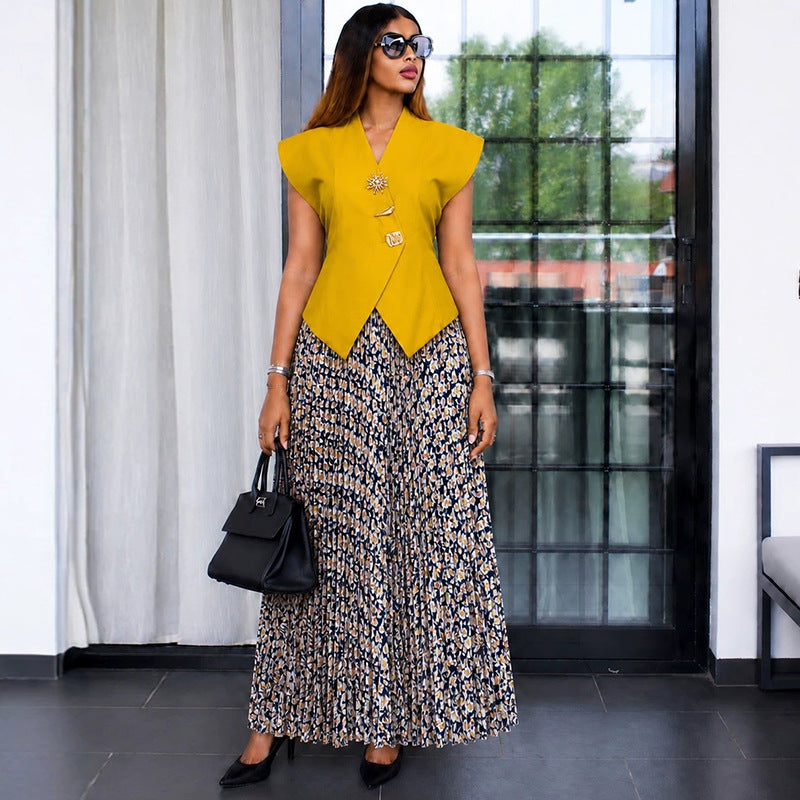 European and american cross-border women's fashion:  summer new arrivals - asymmetrical vest top and printed pleated midi skirt set