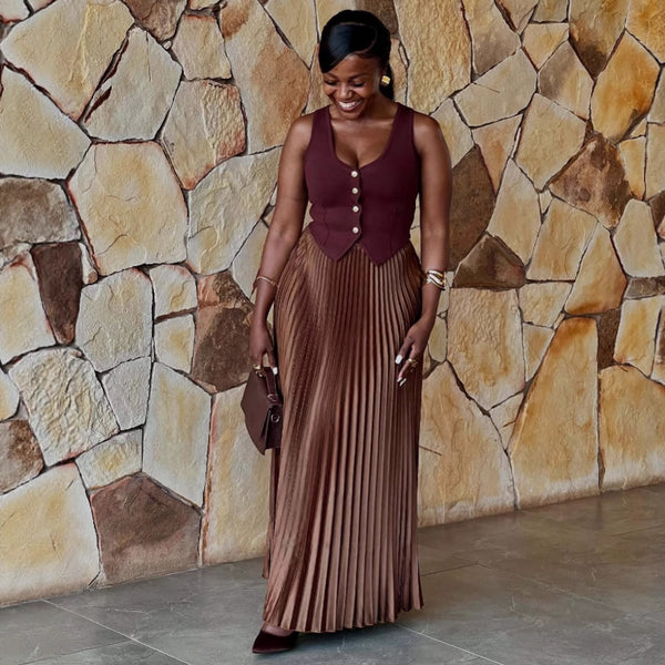 European and American women's clothing sleeveless V-neck vest temperament slim-fitting solid color pleated skirt African elegant atmosphere two-piece set