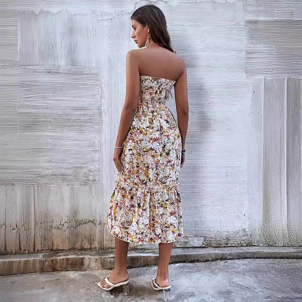 spring/summer new arrival: cross-border women's strapless dress with ruffle hem and sexy, elegant floral print