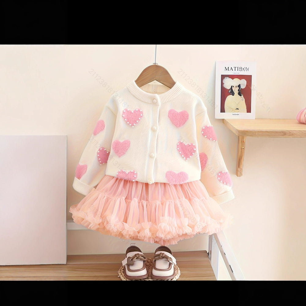 Girls' knitted sweater -  new style baby girl pearl heart pullover cardigan - sweetheart princess fashion top