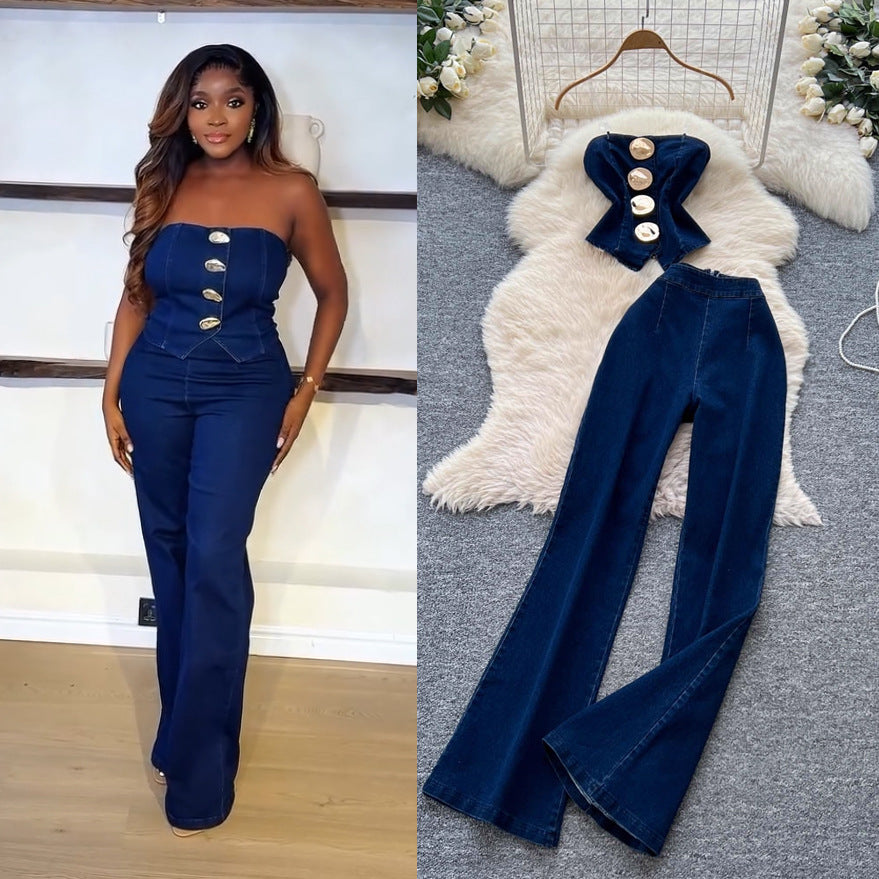 Fashion hot girl denim suit women's metal buckle suspender tube top vest + high waist tight slimming look micro-flared pants