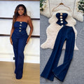 Fashion hot girl denim suit women's metal buckle suspender tube top vest + high waist tight slimming look micro-flared pants