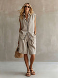 european and american cross-border summer casual fashion women's single-breasted sleeveless linen blazer and pants set