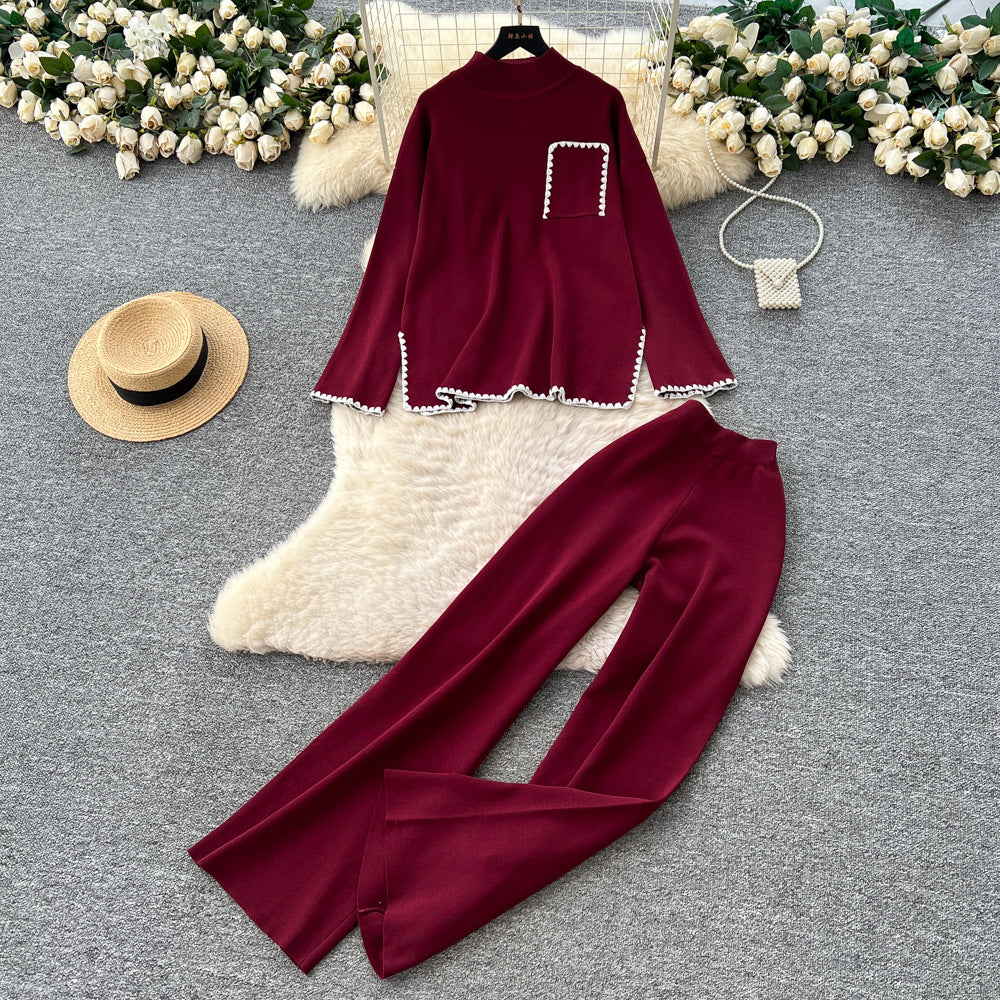 Women's sweater set - autumn/winter loose fit fashion color block crew neck long sleeve knit top & high waist wide leg pants two-piece outfit