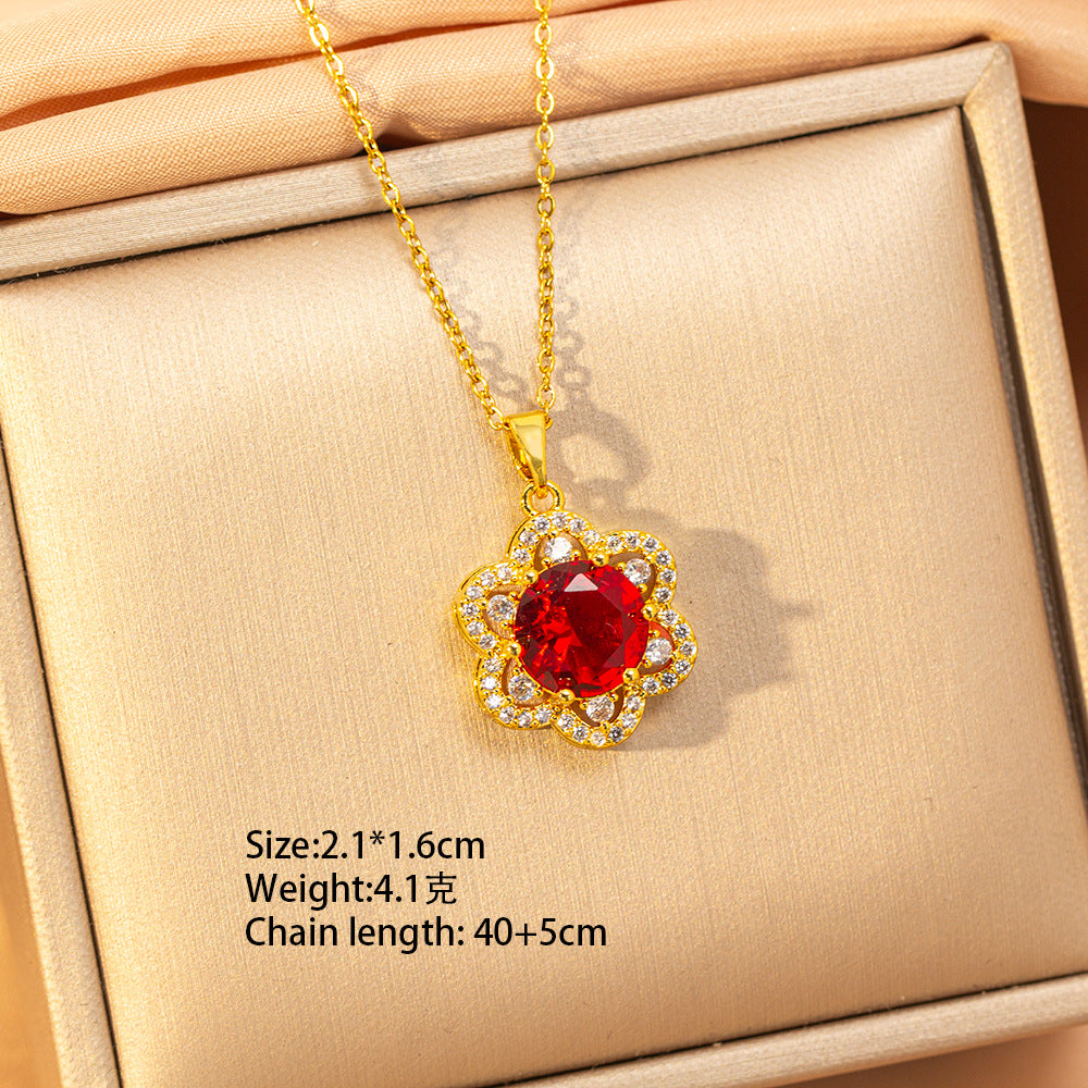【titanium steel】copper inlaid zircon light luxury new style ruby necklace women's high-end fashion versatile elegant sweater chain jewelry