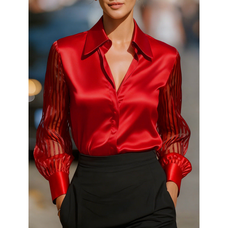 Wish bestseller: autumn new arrival solid color satin long sleeve blouse