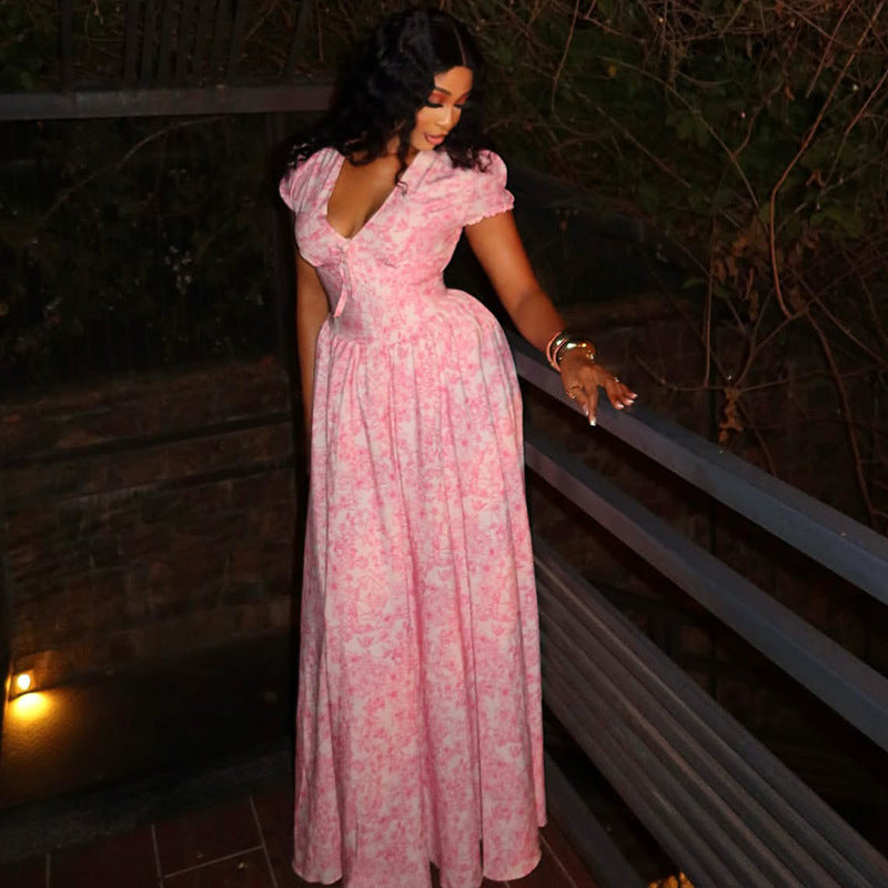 European and american style cross-border sweet & fresh women's printed elegant a-line dress with ruched v-neck and chic puff sleeves