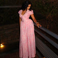 European and american style cross-border sweet & fresh women's printed elegant a-line dress with ruched v-neck and chic puff sleeves
