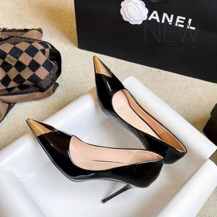 French plus size2025 black patent leather sexy spring new arrival pointed toe women's metal toe high heels elegant stiletto flats