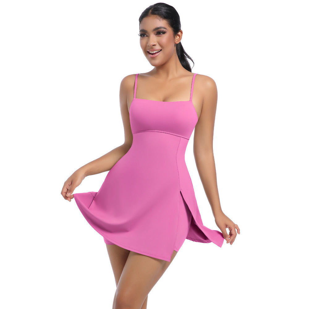 Fashion tape bottom sports fitness dress with chest pad breathable naked suspender beautiful back yoga one-piece tennis skirt