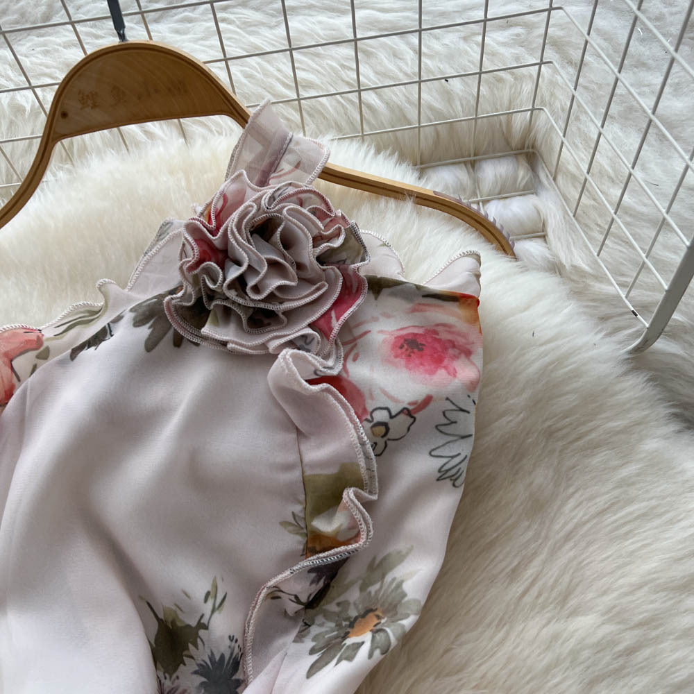 Atmosphere stereo flower halter oblique shoulder suspender dress female french pure desire waist elegant slit floral skirt