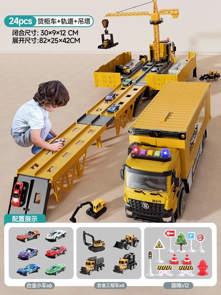Drop shipping crane deformation engineering vehicle pull back inertia container truck parking lot toy rail car toy kids toy