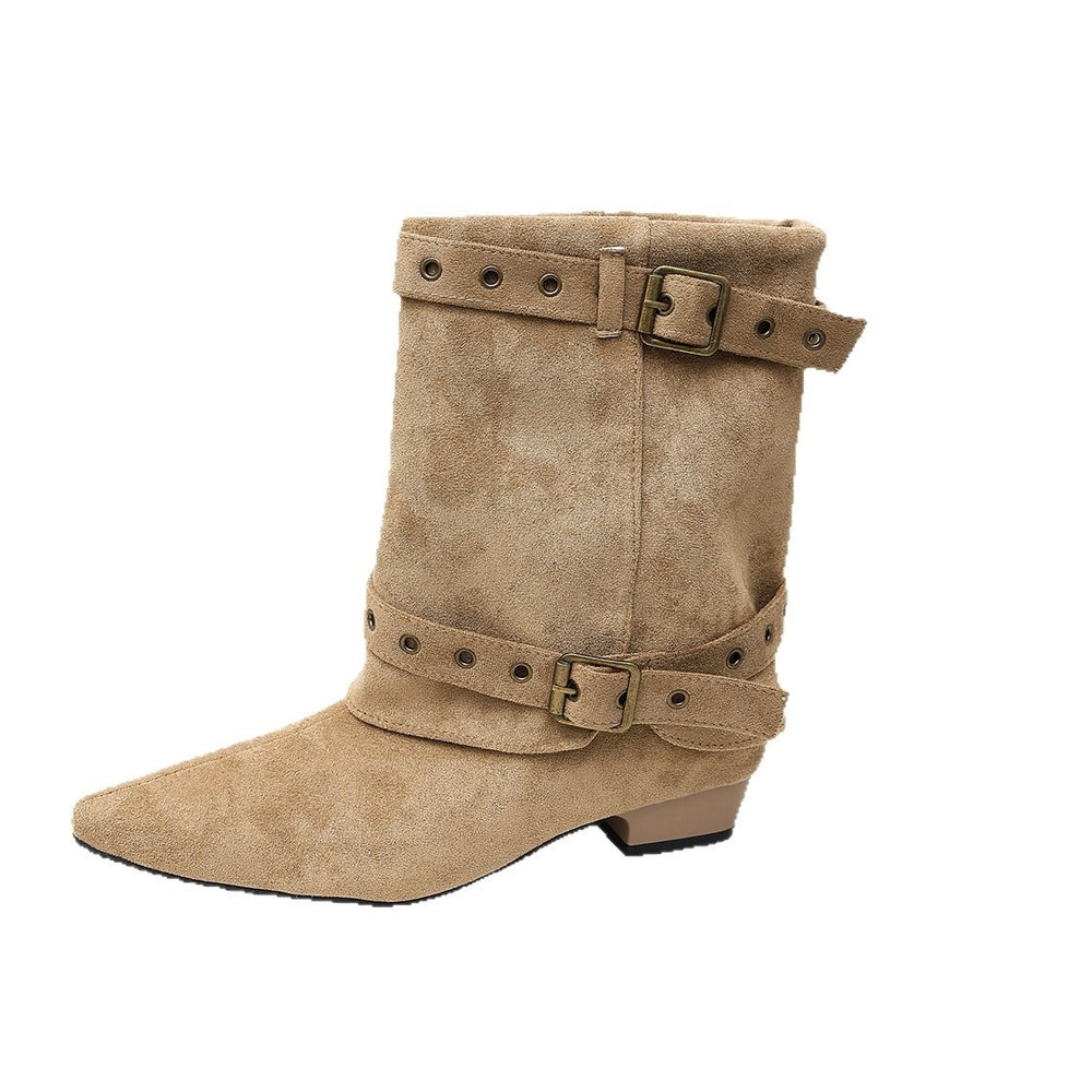 new arrival belt buckle pointed suede low heel trouser boots autumplus sizeretro thick heel knee socks boots for women wholesale
