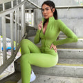 European and american cross-border  autumn solid color zip-up stand collar activewear set - trendy fashion workout yoga outfit (jacket & pants)
