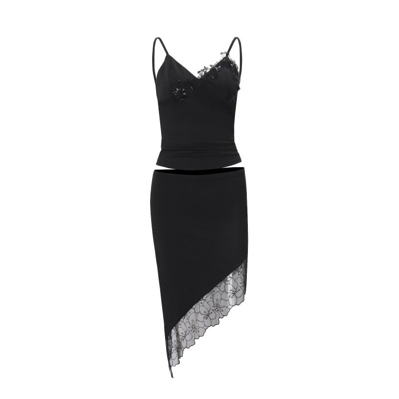European and american women's clothing  spring new sexy backless solid color camisole top with asymmetrical hem midi skirt set